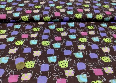 Comic Farm cotton brown fabric with animals in various sizes